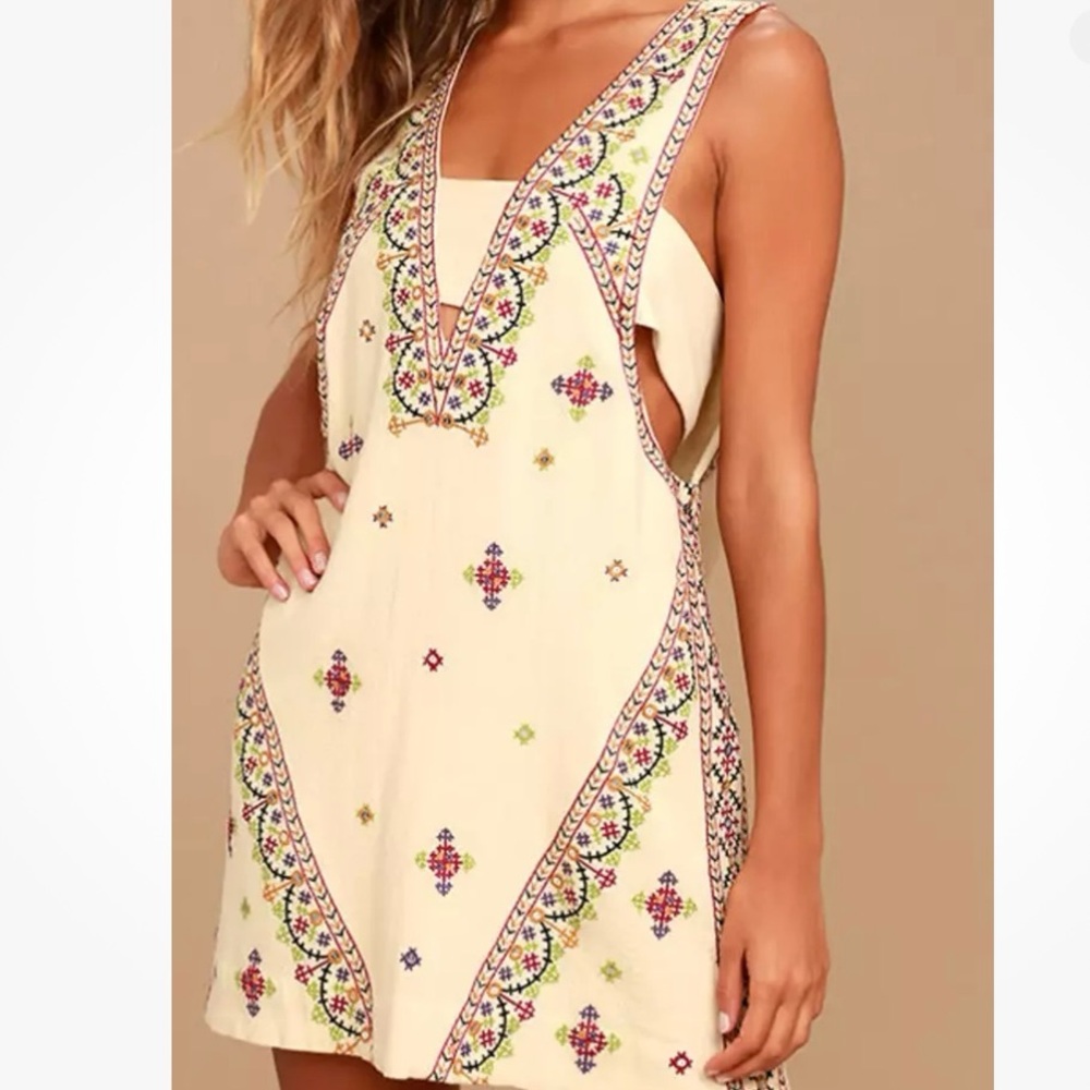 Free People Never Been Beige Embroidered Mini Dress XS